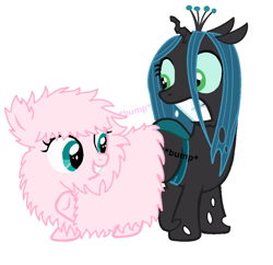 Size: 908x879 | Tagged: safe, artist:jcking101, character:queen chrysalis, oc, oc:fluffle puff, species:changeling, species:pony, butt bump, butt to butt, butt touch, canon x oc, changeling queen, chrysipuff, cute, cutealis, female, flufflebetes, lesbian, nymph, shipping, simple background, text, white background, younger