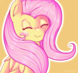 Size: 681x643 | Tagged: safe, artist:daikaluff, character:fluttershy, species:pegasus, species:pony, blushing, bust, cute, eyes closed, female, mare, orange background, shyabetes, simple background, smiling, solo