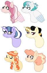 Size: 1100x1700 | Tagged: safe, artist:crownofslime, character:applejack, character:fluttershy, character:pinkie pie, character:rainbow dash, character:rarity, character:twilight sparkle, species:earth pony, species:pegasus, species:pony, species:unicorn, alternate universe, braided pigtails, bust, female, freckles, mane six, portrait, redesign, short hair, simple background, transparent background