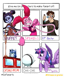 Size: 1280x1529 | Tagged: safe, artist:arteses-canvas, character:twilight sparkle, character:twilight sparkle (alicorn), species:alicorn, species:anthro, species:human, species:pony, 3d glasses, anthro with ponies, bust, crossover, doctor who, female, infinity train, male, mare, muffet, one-one, optimus prime, out of frame, robot, six fanarts, smiling, sonic screwdriver, spider, spinel (steven universe), steven universe, tenth doctor, the doctor, thinking, transformers, undertale