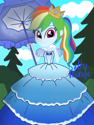Size: 1536x2048 | Tagged: safe, artist:saltymango, character:rainbow dash, my little pony:equestria girls, alternate clothes, alternate hairstyle, clothing, crown, cute, dress, female, gown, jewelry, princess, rainbow dash always dresses in style, regalia, smiling at you, solo, umbrella