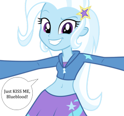Size: 1280x1201 | Tagged: safe, artist:ponyalfonso, edit, character:prince blueblood, character:trixie, ship:bluetrix, my little pony:equestria girls, belly button, clothing, cropped hoodie, dialogue, female, imminent kissing, male, midriff, perspective, shipping, short shirt, simple background, skirt, solo, speech bubble, straight, transparent background, vector