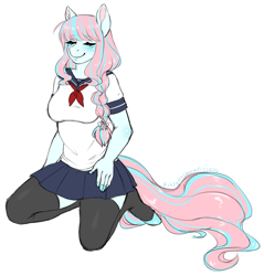 Size: 800x837 | Tagged: safe, artist:kitsunewaffles-chan, oc, oc only, species:anthro, species:earth pony, species:pony, species:unguligrade anthro, clothing, commission, digital art, eyes closed, female, kneeling, school uniform, simple background, skirt, smiling, socks, solo, tail, white background
