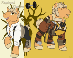 Size: 1280x1024 | Tagged: safe, artist:housho, species:earth pony, species:pony, clothing, fire emblem, fire emblem: three houses, flexing, male, ponified, raphael kirsten, stallion