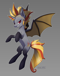 Size: 2000x2500 | Tagged: safe, artist:violyre, oc, oc:luminous dunes, species:alicorn, species:bat pony, species:pony, alicorn oc, bat pony alicorn, bat wings, burning mare, fangs, gray background, horn, looking at you, simple background, solo, wings