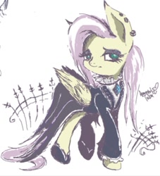 Size: 927x1021 | Tagged: safe, artist:psaxophone, character:fluttershy, species:pegasus, species:pony, episode:fake it 'til you make it, clothing, dress, ear piercing, eyeshadow, female, fluttergoth, makeup, mare, piercing, solo