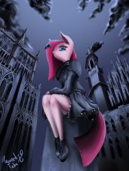 Size: 1536x2048 | Tagged: safe, artist:psaxophone, character:pinkamena diane pie, character:pinkie pie, species:anthro, species:earth pony, species:pony, building, clothing, cloud, dress, female, gothic, sky, solo