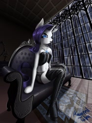 Size: 1536x2048 | Tagged: safe, artist:psaxophone, character:rarity, species:anthro, boots, clothing, corset, couch, female, gothic, perspective, rug, shoes, shorts, solo, window