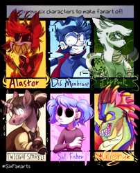 Size: 1616x2000 | Tagged: safe, artist:olivecow, character:twilight sparkle, character:twilight sparkle (unicorn), species:dragon, species:human, species:pony, species:unicorn, alastor, alternate hairstyle, bust, cat, clothing, cloven hooves, crossover, dib membrane, female, glasses, grin, hazbin hotel, invader zim, mare, mask, necktie, nervous, queen glory (wings of fire), sally face, sfae, sharp teeth, six fanarts, smiling, speedpaint available, sweat, teeth, warrior cats, wings of fire (book series)