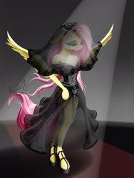 Size: 1536x2048 | Tagged: safe, artist:psaxophone, character:fluttershy, species:anthro, species:pegasus, species:pony, species:unguligrade anthro, clothing, dress, female, flower, gothic, solo, spotlight, veil