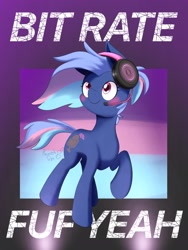 Size: 1536x2048 | Tagged: safe, artist:psaxophone, oc, oc only, oc:bit rate, species:earth pony, species:pony, fuf, headphones, solo, text