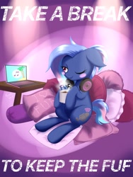 Size: 1536x2048 | Tagged: safe, artist:psaxophone, oc, oc only, oc:bit rate, species:earth pony, species:pony, coffee, coffee mug, computer, fuf, laptop computer, mug, pillow, solo, table, text