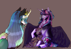 Size: 2550x1778 | Tagged: safe, artist:kiwigoat-art, character:queen chrysalis, oc, oc:paradox, parent:discord, parent:twilight sparkle, parents:discolight, species:alicorn, species:changeling, species:draconequus, species:pony, chest fluff, draconequus oc, female, hybrid, interspecies offspring, mare, mother and child, offspring, redesign, simple background, solo, unshorn fetlocks