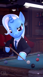 Size: 1080x1920 | Tagged: safe, artist:owlpirate, character:trixie, species:pony, species:unicorn, 3d, arm hooves, bipedal, clothing, dexterous hooves, female, pool cue, pool table, source filmmaker, suit, watermark