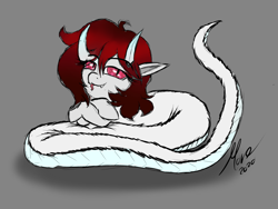 Size: 4000x3000 | Tagged: safe, artist:move, oc, oc:chebi, species:lamia, species:pony, crossed hooves, crystal eyes, elf ears, female, floof snek, fluffy, horns, leaning, original species, red mane, rough lineart, sketch, smug, snake pony, solo, tongue out, white fur