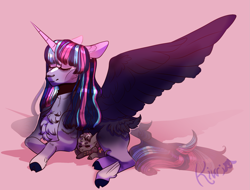 Size: 2103x1600 | Tagged: safe, artist:kiwigoat-art, character:twilight sparkle, character:twilight sparkle (alicorn), oc, oc:paradox, parent:discord, parent:twilight sparkle, parents:discolight, species:alicorn, species:draconequus, species:pony, chest fluff, eyes closed, female, hybrid, interspecies offspring, lying down, male, mare, mother and child, mother and son, offspring, redesign, spread wings, wings