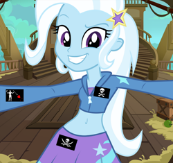 Size: 682x640 | Tagged: safe, artist:ponyalfonso, edit, edited screencap, screencap, character:trixie, my little pony: the movie (2017), my little pony:equestria girls, belly button, clothing, cropped hoodie, jacket, midriff, pirate ship, skirt, sports bra