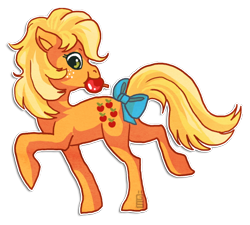 Size: 568x512 | Tagged: safe, artist:griffsnuff, character:applejack (g1), g1, apple, female, food, looking back, mouth hold, solo, tail bow
