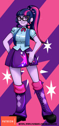 Size: 570x1200 | Tagged: safe, alternate version, artist:srasomeone, character:twilight sparkle, character:twilight sparkle (scitwi), species:eqg human, my little pony:equestria girls, backpack, clothing, cute, cutie mark, cutie mark on clothes, female, glasses, pleated skirt, skirt, smiling, solo, twiabetes