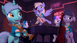 Size: 3840x2160 | Tagged: safe, artist:owlpirate, character:bon bon, character:derpy hooves, character:dj pon-3, character:lyra heartstrings, character:octavia melody, character:sweetie drops, character:vinyl scratch, 3d, bipedal, bon bon is not amused, cello, drums, musical instrument, piano, saxophone, sfm pony, trumpet, unamused