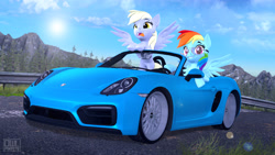Size: 3840x2160 | Tagged: safe, artist:owlpirate, character:derpy hooves, character:rainbow dash, 3d, car, glasses, porsche