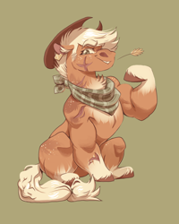 Size: 2046x2555 | Tagged: safe, artist:olivecow, character:applejack, species:earth pony, species:pony, applejacked, clothing, cowboy hat, female, flexing, green background, grin, hat, hay stalk, mare, missing cutie mark, muscles, neckerchief, palindrome get, redesign, scar, simple background, sitting, smiling, solo, straw in mouth