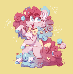 Size: 1623x1627 | Tagged: safe, artist:olivecow, character:pinkie pie, species:earth pony, species:pony, bow tie, candy, cheek fluff, chest fluff, colored hooves, ear fluff, female, food, lollipop, mare, missing cutie mark, redesign, simple background, sitting, smiling, solo, yellow background