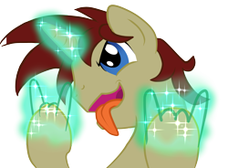 Size: 2685x1974 | Tagged: safe, artist:stewart501st, oc, oc only, species:pony, species:unicorn, devil horn (gesture), green magic, hand, magic, magic hands, male, png, simple background, solo, stallion, tongue out, transparent background