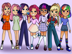 Size: 2048x1536 | Tagged: safe, artist:saltymango, character:applejack, character:fluttershy, character:pinkie pie, character:rainbow dash, character:rarity, character:sunset shimmer, character:twilight sparkle, character:twilight sparkle (scitwi), species:eqg human, species:human, alternate clothes, clothing, converse, humane five, humane seven, humane six, humanized, looking at you, overalls, plaid skirt, shoes, smiling