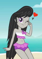 Size: 516x720 | Tagged: safe, artist:ponyalfonso, character:octavia melody, my little pony:equestria girls, adorasexy, beach, belly button, clothing, cute, female, heart, looking at you, ocean, one eye closed, sand, sexy, smiling, solo, swimsuit, tavibetes, wink