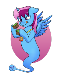 Size: 2800x3500 | Tagged: safe, artist:violyre, oc, oc only, oc:parcly taxel, species:alicorn, species:pony, albumin flask, alicorn oc, bottle, commission, concentrating, female, genie, genie pony, horn, horn ring, lanyard, mare, minecraft, project seaponycon, quantum seaponycon, simple background, solo, spread wings, tongue out, transparent background, wings, ych result