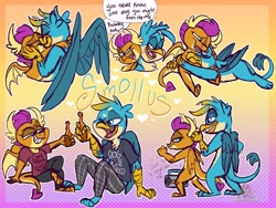 Size: 1080x810 | Tagged: safe, artist:g-elric, character:gallus, character:smolder, species:dragon, species:griffon, alcohol, beer, beer bottle, bottle, clothing, cuddling, dancing, don't you forget about me, female, kissing, male, pants, radio, shipping, shirt, simple minds, smollus, straight, the breakfast club