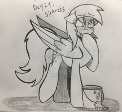 Size: 1024x942 | Tagged: safe, artist:happydays64, character:derpy hooves, species:pegasus, species:pony, bucket, female, food, goretober, mare, monochrome, muffin, solo, traditional art, vomit