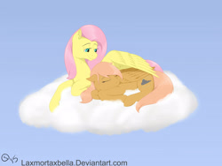 Size: 2828x2121 | Tagged: safe, artist:sydfreak2, character:fluttershy, oc, oc:darcy apple, parent:big macintosh, parent:fluttershy, parents:fluttermac, species:pegasus, species:pony, cloud, duo, female, filly, lying on a cloud, mare, mother and child, mother and daughter, offspring, on a cloud, sleeping, wing blanket