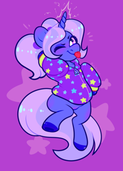 Size: 540x752 | Tagged: safe, artist:petalierre, character:trixie, species:pony, species:unicorn, alternate hairstyle, babysitter trixie, chest fluff, clothing, female, hoodie, one eye closed, raspberry, smiling, solo, tongue out, underhoof, wink