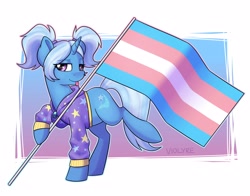Size: 4200x3300 | Tagged: safe, artist:violyre, character:trixie, species:pony, species:unicorn, abstract background, alternate hairstyle, babysitter trixie, clothing, female, flag, gender headcanon, hoodie, lgbt headcanon, mare, pigtails, pride, pride flag, solo, tongue out, trans female, trans trixie, transgender, transgender pride flag, twintails