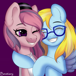 Size: 2892x2892 | Tagged: safe, alternate version, artist:bestiary, oc, oc only, oc:cloud cuddler, oc:sweet haze, species:earth pony, species:pegasus, species:pony, clothing, commission, cute, eyes closed, female, femboy, glasses, hat, hug, male, one eye closed, shipping, smiling, teeth, ych result