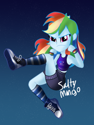 Size: 1536x2048 | Tagged: safe, artist:saltymango, character:rainbow dash, my little pony:equestria girls, action pose, alternate clothes, angry, armpits, clothing, converse, cute, dashabetes, female, night, pink eyes, rainbow dash always dresses in style, shoes, shorts, sky, sneakers, solo, tank top, tomboy, wristband