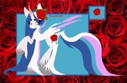 Size: 1280x834 | Tagged: safe, artist:jackie-sheepwitch, oc, oc only, oc:rose water, species:alicorn, species:pony, alicorn oc, curved horn, eye clipping through hair, flower, flower in hair, horn, raised hoof, reference sheet, rose, solo, unshorn fetlocks, wings