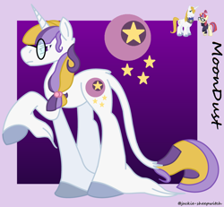 Size: 1280x1183 | Tagged: safe, artist:jackie-sheepwitch, character:moondancer, character:prince blueblood, oc, parent:moondancer, parent:prince blueblood, parents:moonblood, species:pony, species:unicorn, clothing, crack shipping, female, glasses, hoof fluff, hoof polish, horn, leonine tail, male, mare, offspring, raised hoof, reference sheet, shipping, stallion, straight, unicorn oc