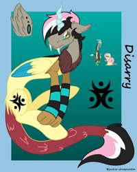 Size: 1280x1601 | Tagged: safe, artist:jackie-sheepwitch, character:discord, character:fluttershy, oc, oc:disarray, parent:discord, parent:fluttershy, parents:discoshy, species:draconequus, species:pegasus, species:pony, draconequus oc, ear fluff, female, horn, hybrid, interspecies offspring, male, mare, next generation, offspring, reference sheet, wings