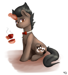 Size: 1092x1200 | Tagged: safe, artist:monsoonvisionz, oc, oc only, oc:saffronic shadow, species:pony, species:unicorn, bow tie, cup, glowing horn, horn, magic, male, signature, sitting, solo, stallion, teacup, telekinesis, unicorn oc