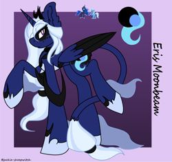 Size: 1280x1201 | Tagged: safe, artist:jackie-sheepwitch, character:princess luna, character:trixie, oc, parent:princess luna, parent:trixie, parents:luxie, species:alicorn, species:pony, species:unicorn, alicorn oc, crack shipping, ear fluff, female, hoof shoes, horn, leonine tail, magical lesbian spawn, mare, offspring, raised hoof, shipping, wings