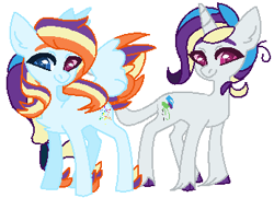 Size: 347x251 | Tagged: safe, artist:jackie-sheepwitch, oc, oc only, oc:rainbow nova, oc:scarlet aurora, parent:rainbow dash, parent:rarity, parents:raridash, species:pegasus, species:pony, species:unicorn, colored hooves, duo, feathered fetlocks, female, heterochromia, horn, magical lesbian spawn, offspring, pegasus oc, siblings, simple background, sisters, twins, unicorn oc, unshorn fetlocks, white background, wings