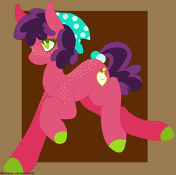 Size: 1280x1273 | Tagged: safe, artist:jackie-sheepwitch, oc, oc only, parent:big macintosh, parent:sugar belle, parents:sugarmac, species:earth pony, species:pony, abstract background, bandana, colored hooves, earth pony oc, female, freckles, mare, offspring, solo, tail wrap