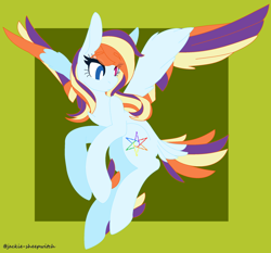Size: 1280x1193 | Tagged: safe, artist:jackie-sheepwitch, oc, oc only, oc:rainbow nova, parent:rainbow dash, parent:rarity, parents:raridash, species:pegasus, species:pony, abstract background, eyelashes, female, heterochromia, magical lesbian spawn, mare, offspring, pegasus oc, rearing, solo, wings