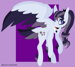 Size: 1280x1137 | Tagged: safe, artist:jackie-sheepwitch, oc, oc only, oc:stella star, parent:coloratura, parent:inky rose, species:pegasus, species:pony, abstract background, female, jewelry, magical lesbian spawn, mare, necklace, offspring, parents:inkatura, pegasus oc, solo, tail feathers, wings