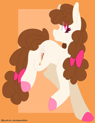 Size: 1280x1659 | Tagged: safe, artist:jackie-sheepwitch, oc, oc only, parent:cheese sandwich, parent:pinkie pie, parents:cheesepie, species:earth pony, species:pony, abstract background, bow, colored hooves, earth pony oc, eye clipping through hair, hair bow, next generation, offspring, solo, tail bow