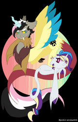 Size: 976x1512 | Tagged: safe, artist:jackie-sheepwitch, oc, oc only, oc:disarray, oc:scarlet aurora, parent:discord, parent:fluttershy, parent:rainbow dash, parent:rarity, parents:discoshy, parents:raridash, species:draconequus, species:pony, species:unicorn, abstract background, draconequus oc, duo, female, hoof polish, horn, hybrid, interspecies offspring, magical lesbian spawn, mare, next generation, offspring, unicorn oc