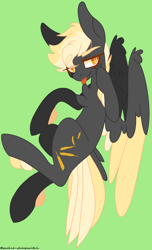 Size: 1016x1668 | Tagged: safe, artist:jackie-sheepwitch, oc, oc only, oc:feather fall, parent:thunderlane, parent:zephyr breeze, parents:zephyrlane, species:pegasus, species:pony, blep, chest fluff, green background, magical gay spawn, male, next generation, offspring, pegasus oc, simple background, solo, stallion, tongue out, wings
